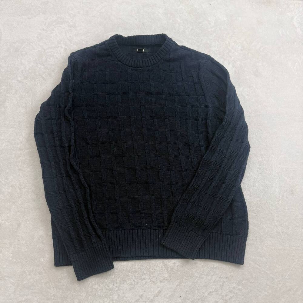 DKNY Men's Sweater Navy Blue Size L Basketweave Knit Cotton Crew Neck Pullover